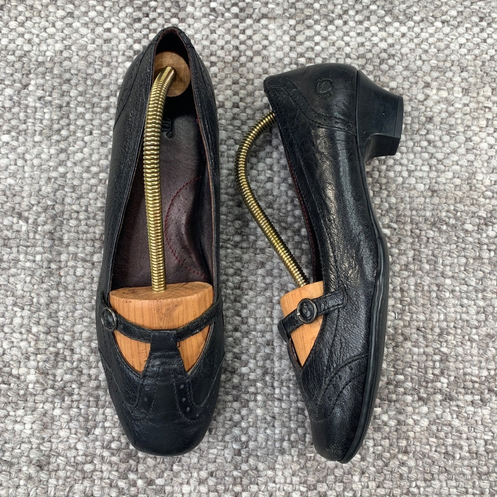 Born Mary Jane Pumps Women 8.5 Black Leather Brogue Wingtip Block Heel W3428 F7